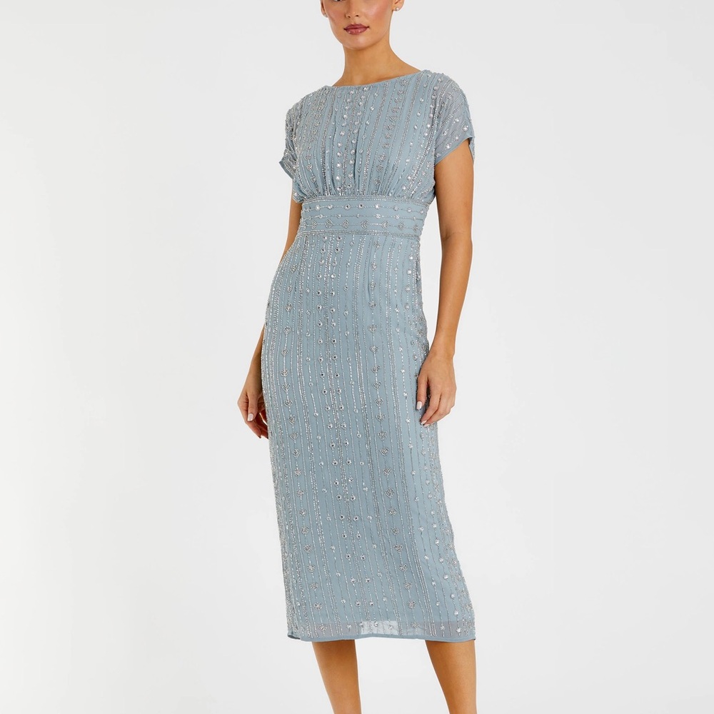 ✔️#64 BNWT MAC DUGGAL
Beaded Cap Sleeve Column Midi Dress #93649